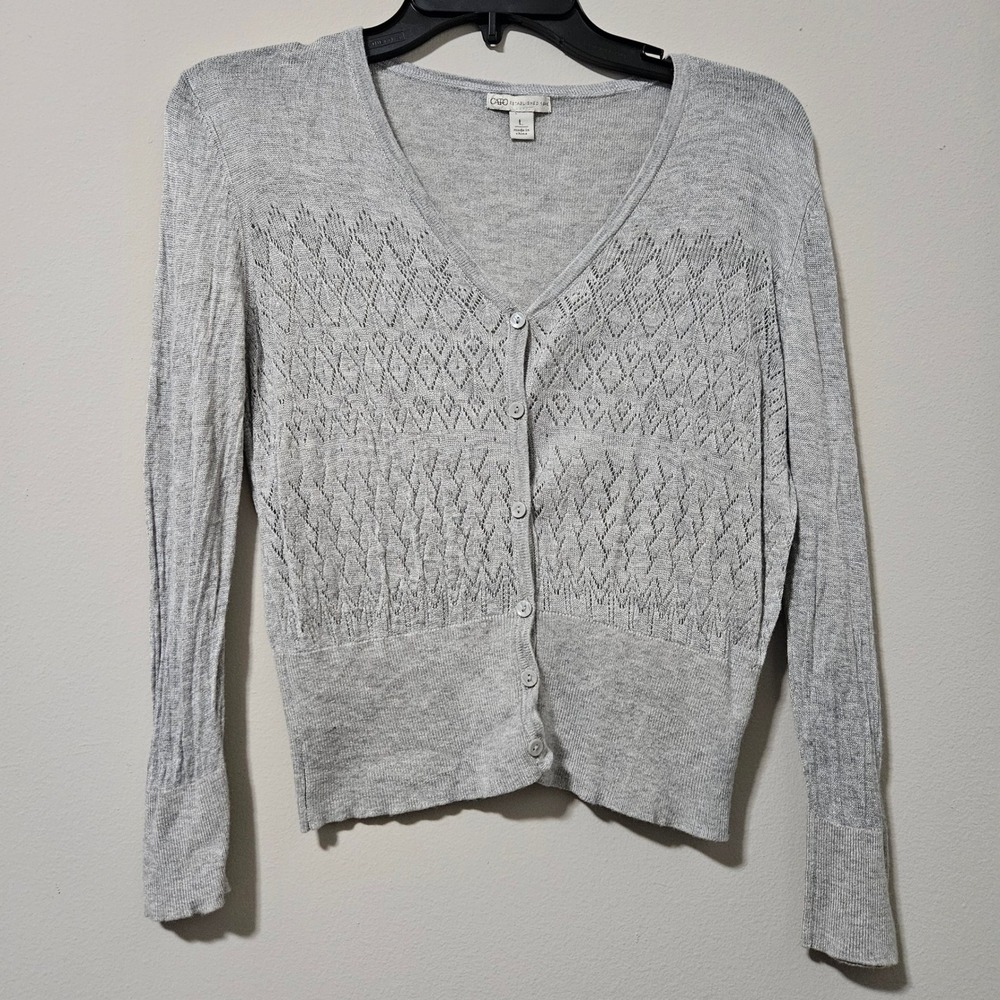Cato Womens Gray Pointelle Knit Button Up Cardigan Sweater‎ V-Neck Size Large